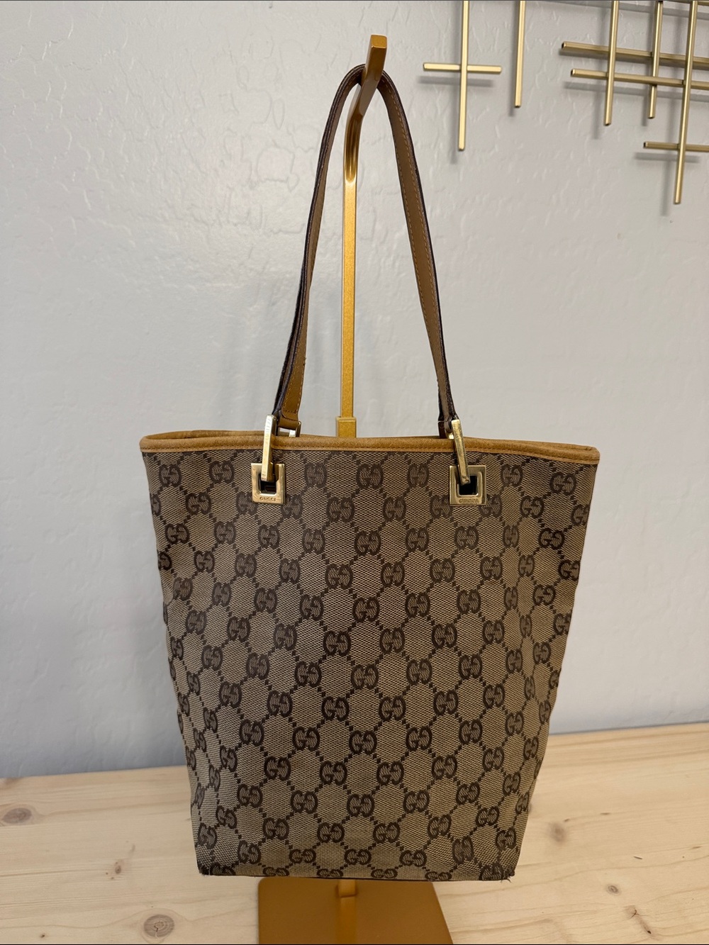 Vintage Gucci GG Canvas Tote Bag with Gold Hardware